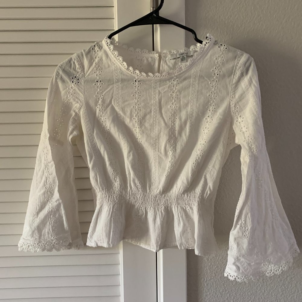 Betu Women Embroidered Peplum Blouse, White, Size XS